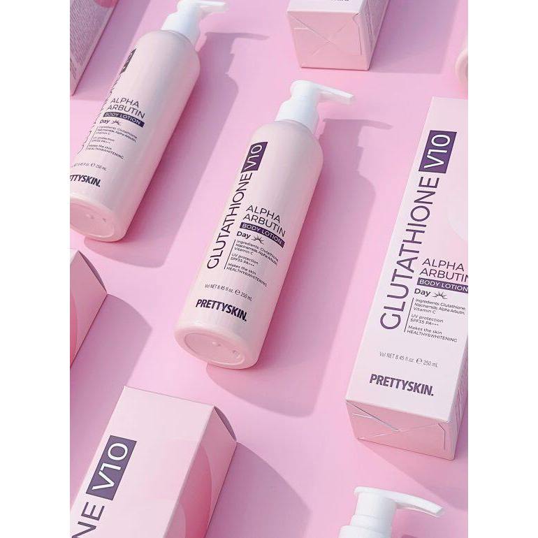 🇰🇷PRETTYSKIN Glutathione V10 AlphaArbutin Body Lotion สูตรกลางวัน โลชั่นบำรุงผิวกายให้ขาวกระจ่างใส จากเกาหลี (250 ml.)