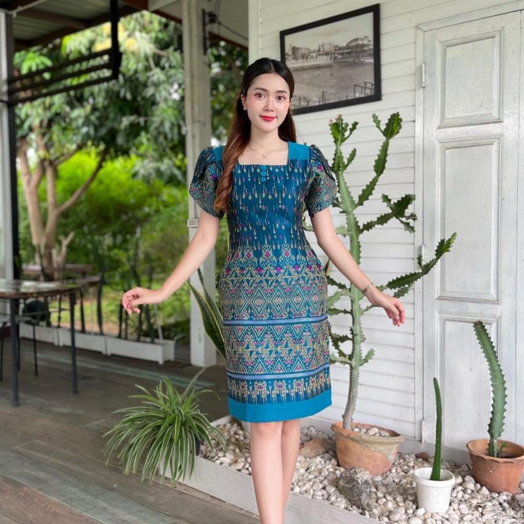 PR14 เดรสไหมแกมฝ้ายทอลาย พรางพุง ทรงสวย ไซส์ S-2XL สวมใส่ง่าย