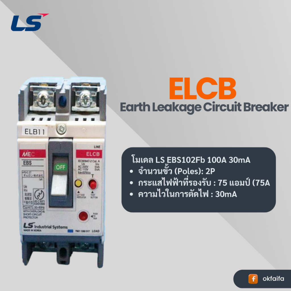 LS Earth Leakage Circuit Breaker EBS102Fb 100A 30mA | Shopee Thailand