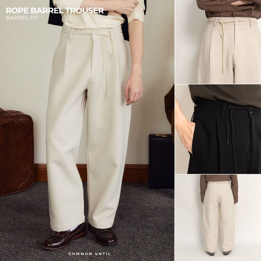 Common Until - Rope Barrel-leg Trousers (Cream / Black) กางเกงทรงบาเรล ...