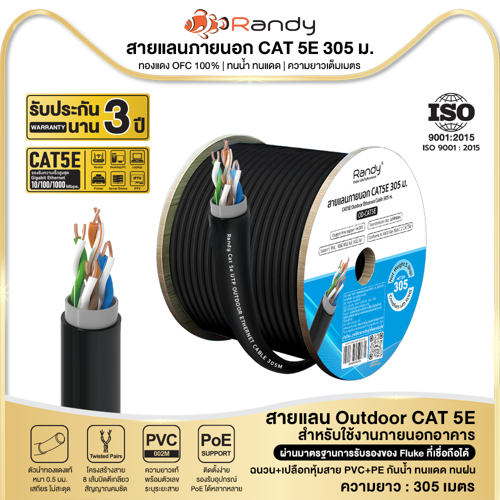 RANDY สายแลนOutdoor CAT5E ทองแดงOFC100% ยาว305M แจ็คเก็ต 2ชั้นPE+PVC ทน ...