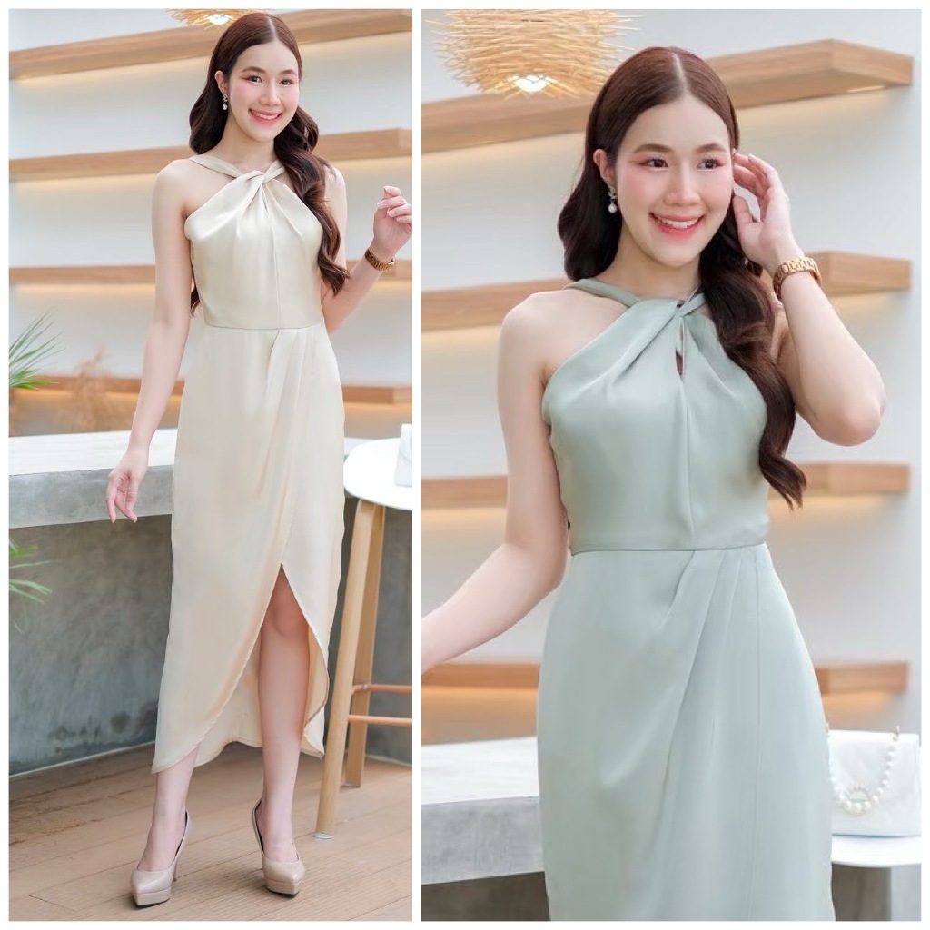 เดรสคล้องคอกระโปรงทิวลิป พรางพุงสวยหรู ชุดเพื่อนเจ้าสาว LX1204 LUXURY707