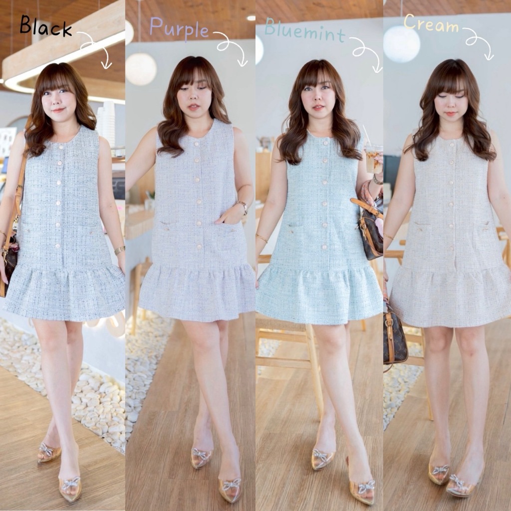 Code : Tweed sweet dress (สีดำดิ้นสีเขียว / ม่วง / ฟ้ามินท์ / ครีม ...