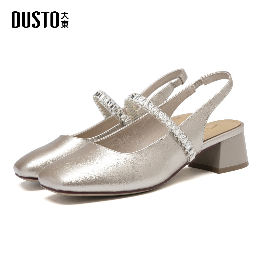 DUSTO หัวเหลี่ยมสีเงินเมทัลลิก สายคริสตัลวิบวับ ส้นบล็อกสูงกำลังดี ...