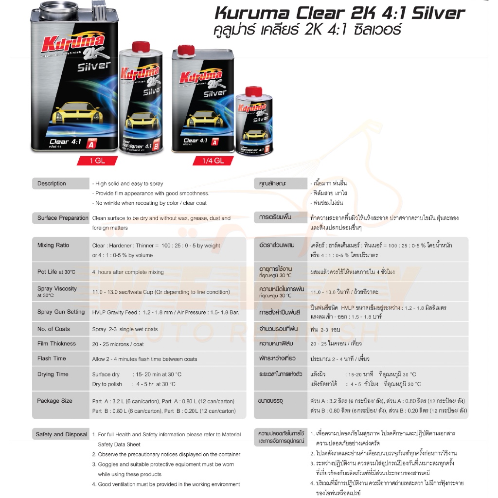 แลคเกอร์ TOA KURUMA Silver (คูลูม่าร์ ซิลเวอร์) 2K 4:1 (เนื้อ 3.2 ลิตร ...