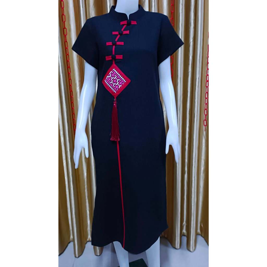 เดรสผ้าใยกัญชง สีดำ ทรงกี่เพ้า (Size 44) | Shopee Thailand