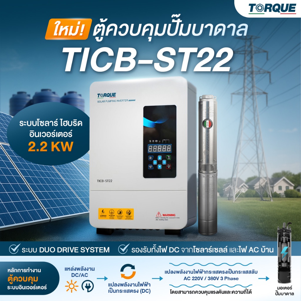 TORQUEตู้ควบคุมรุ่นTICB-ST22 SERIES 2200วัตต์ (2ระบบ โซล่าเซลล์/ไฟฟ้า ...