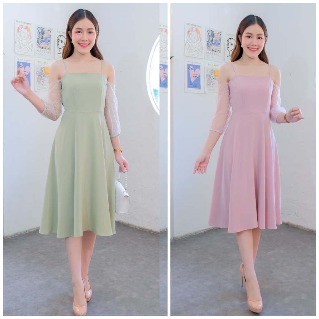 LX6103 Midi Dress แขนซีทรู หวานหรู ชุดเพื่อนเจ้าสาว ชุดออกงาน แต่งงาน 2568 ทรงกระโปรงบาน