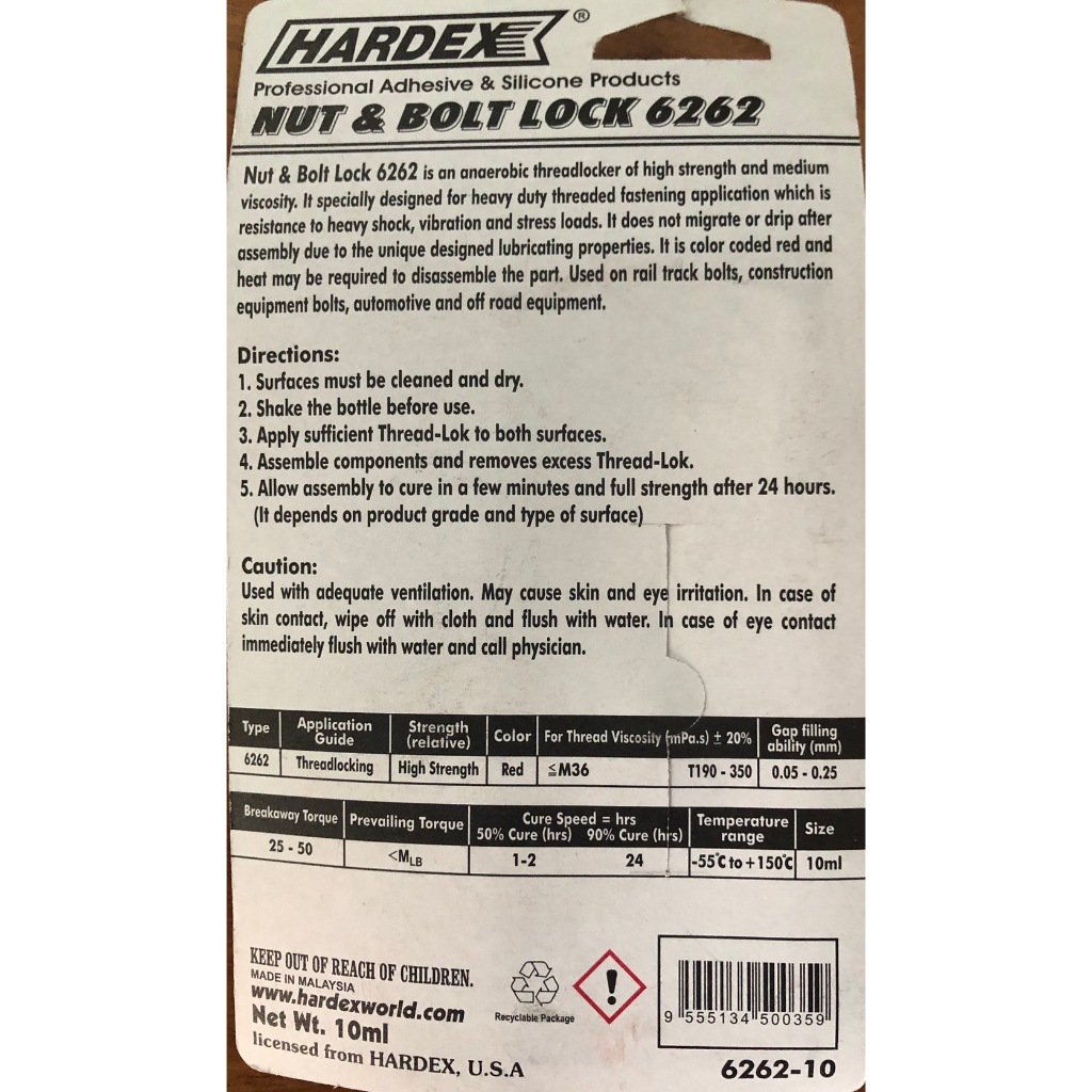 Hardex Nut & Bolt Lock 6262 น้ำยาล็อคเกลียว 6262 (แรงยึดสูง) น้ำยาล๊อค ...