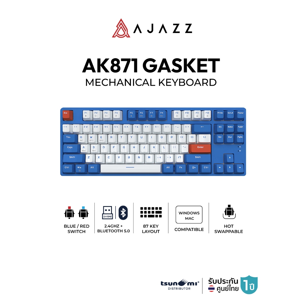 คีย์บอร์ดเกมมิ่ง Ajazz AK871 Wirelss Hotswap Dual Module(2.4+BT) TKL 80% 87Key Mechanical Keyboard รับประกันสินค้า 1 ปี