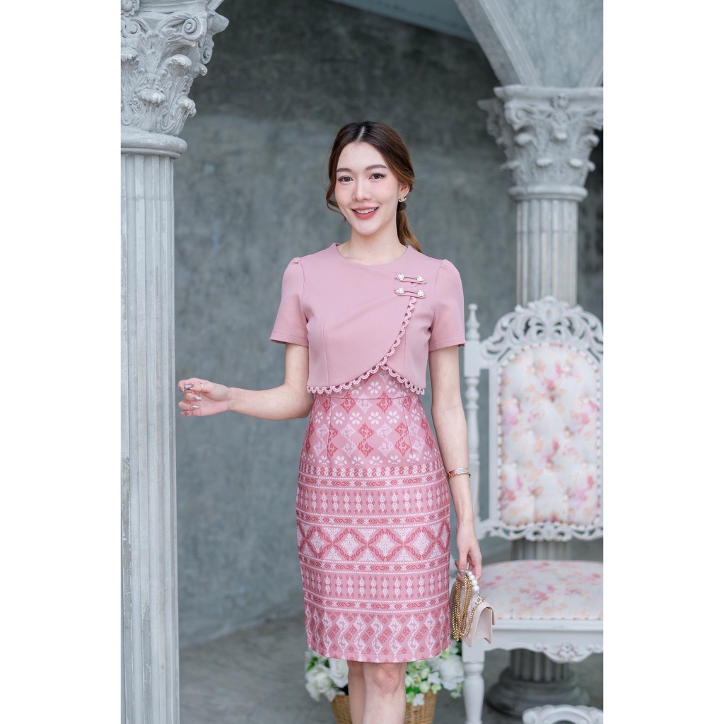 เดรสลายไทยกระดุมมุกรุ่นขายดี 786 ผ้าดี มีซับใน ใส่แล้วสวยตรงปก