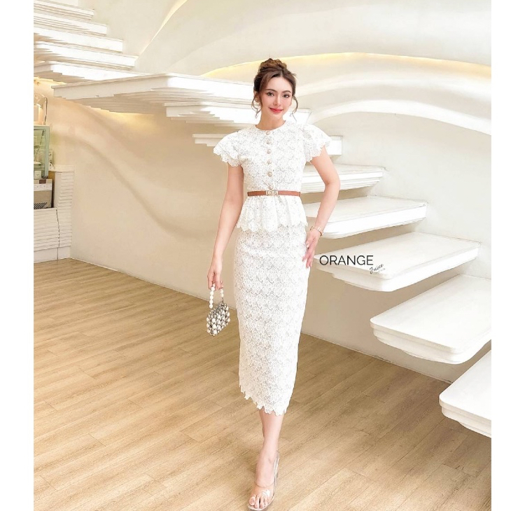 ชุดเซ็ทลูกไม้บัลเล่ย์แถมเข็มขัด กระโปรงสอบผ่าหลัง สีขาว-ดำ OR21885 มีซับใน มุมมองที่ 3