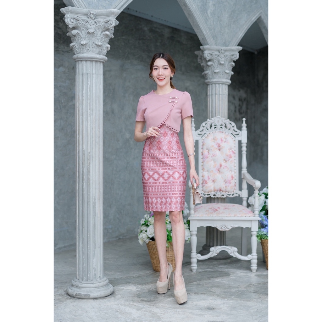 เดรสลายไทยกระดุมมุกรุ่นขายดี 786 ผ้าดี มีซับใน ใส่แล้วสวยตรงปก มุมมองที่ 6