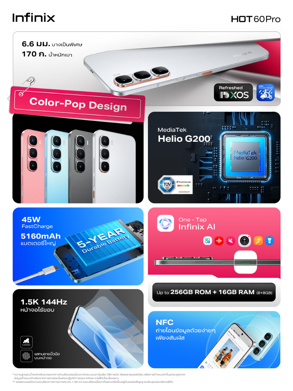 Infinix รุ่น X6885 HOT 60 Pro ชิป Helio G200 RAM 16GB จอ 1.5K AMOLED 144Hz เพื่อประสิทธิภาพการใช้งานและความบันเทิงที่เหนือระดับ