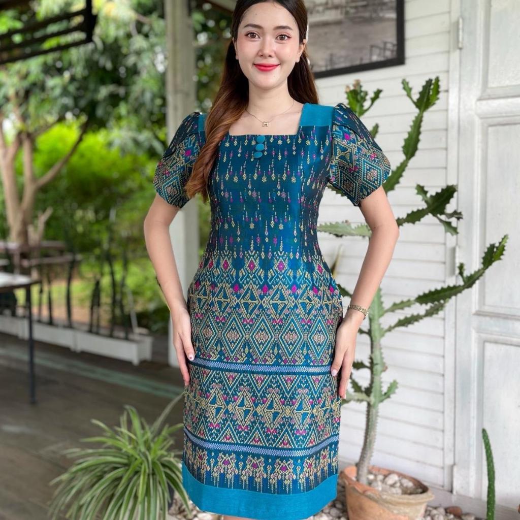 PR14 เดรสไหมแกมฝ้ายทอลาย พรางพุง ทรงสวย ไซส์ S-2XL สวมใส่ง่าย มุมมองที่ 2