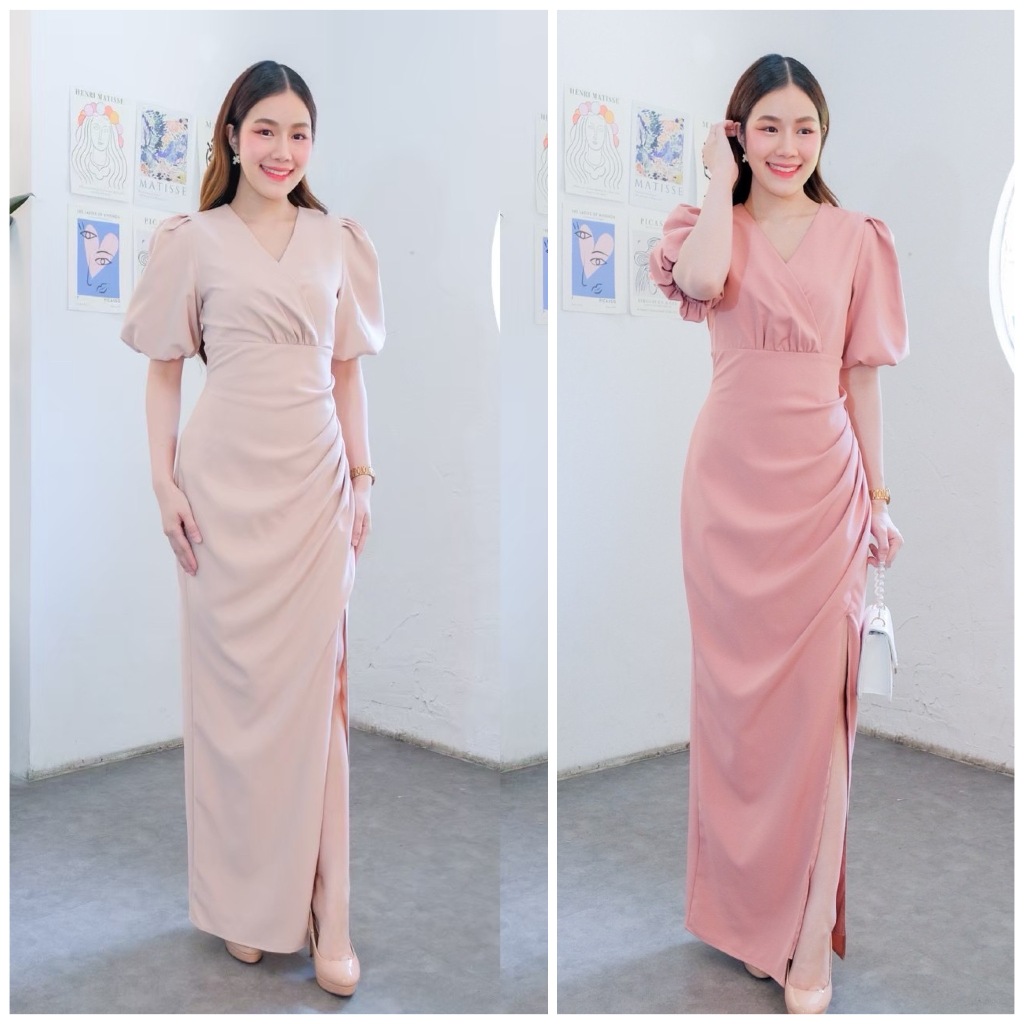FN4111 ราตรียาวเกาหลีมินิมอล เดรสออกงาน ไปงานแต่ง เพื่อนเจ้าสาว ผ้าดีทรงสวย ยับยาก