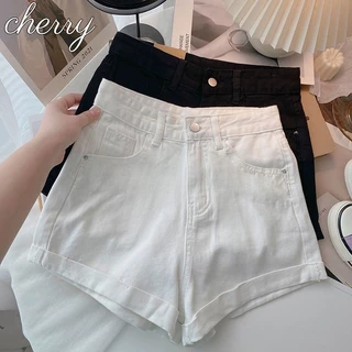 โปรโมชั่น Flash Sale : cherryshop พร้อมส่ง กางเกงยีนส์ขาสั้นแบบเรียบง่ายเอวสูงสําหรับผู้หญิงเวอร์ชั่นเกาหลี S-XL สีพื้น สไตล์สลิมฟิต