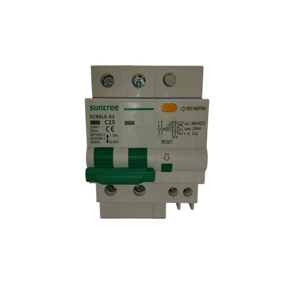 CIRCUIT BREAKER RCBO SCB8LE 63 2P / 25A 300Ma 400VAC SUNTREE | Shopee ...