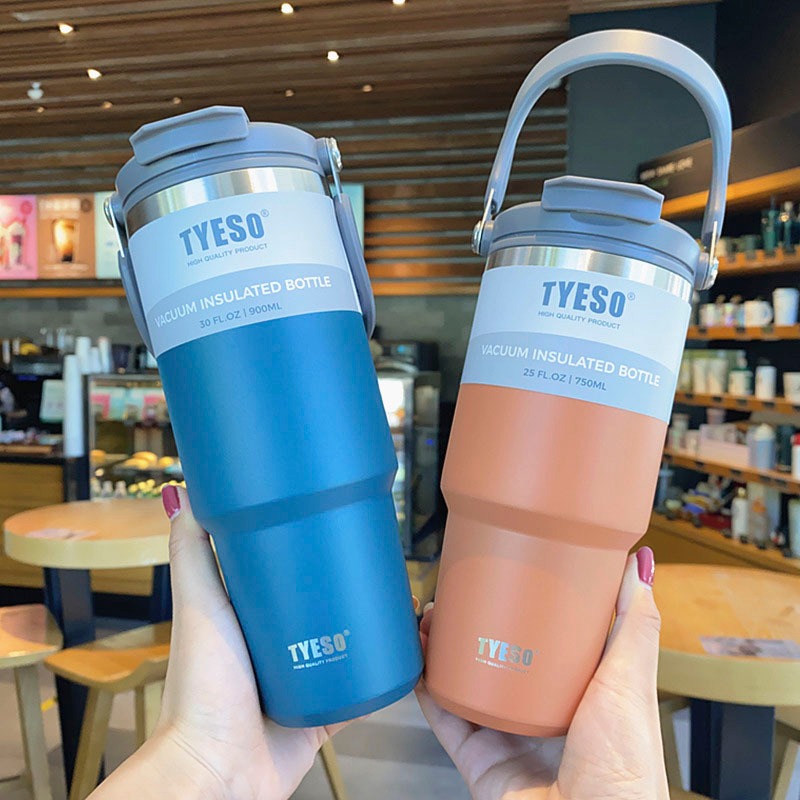 TYESO ของแท้ แก้วเก็บความเย็นแบบใหม่มีที่จับหูหิ้วแก้วกาแฟแก้วสแตนเลส304 600ml/750ml/900ml/1050ml/1200ml(พร้อมส่งในไทย)
