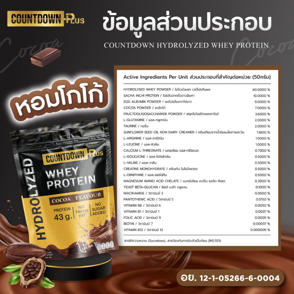 COUNTDOWN PLUS รุ่น WPH-C-750G เวย์โปรตีน ไฮโดรไลซ์ รสโกโก้ ดูดซึมไว โปรตีนสูง 43g ขนาด 750g สำหรับเสริมสร้างกล้ามเนื้อ ฟื้นฟูร่างกายหลังออกกำลังกาย