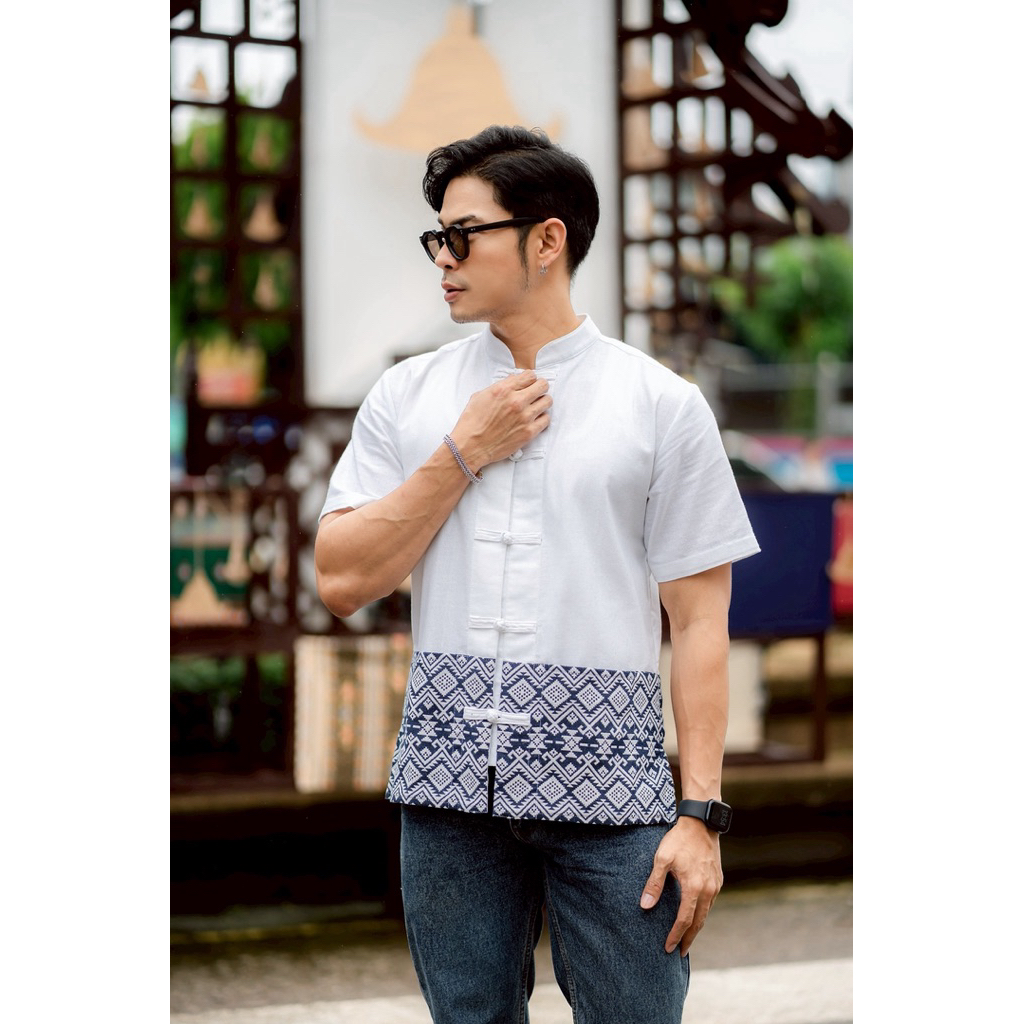 เสื้อผ้าแฟชั่น ผ้าฝ้ายฟอกนุ่มสีกรมประดับผ้าทอลายขิต no.07ขาวขิตล่างล้านนา