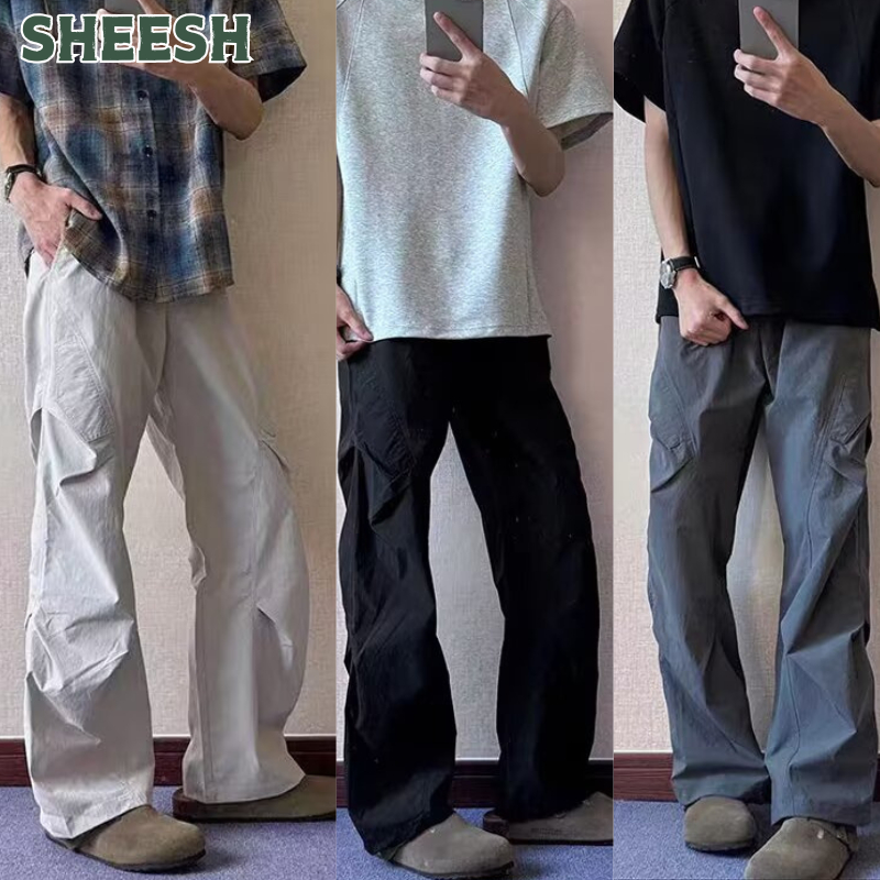SHEESHE- กางเกงคาร์โก้ผู้ชาย ทรงกระบอก สไตล์วินเทจ เอวยางยืด มีกระเป๋า ...