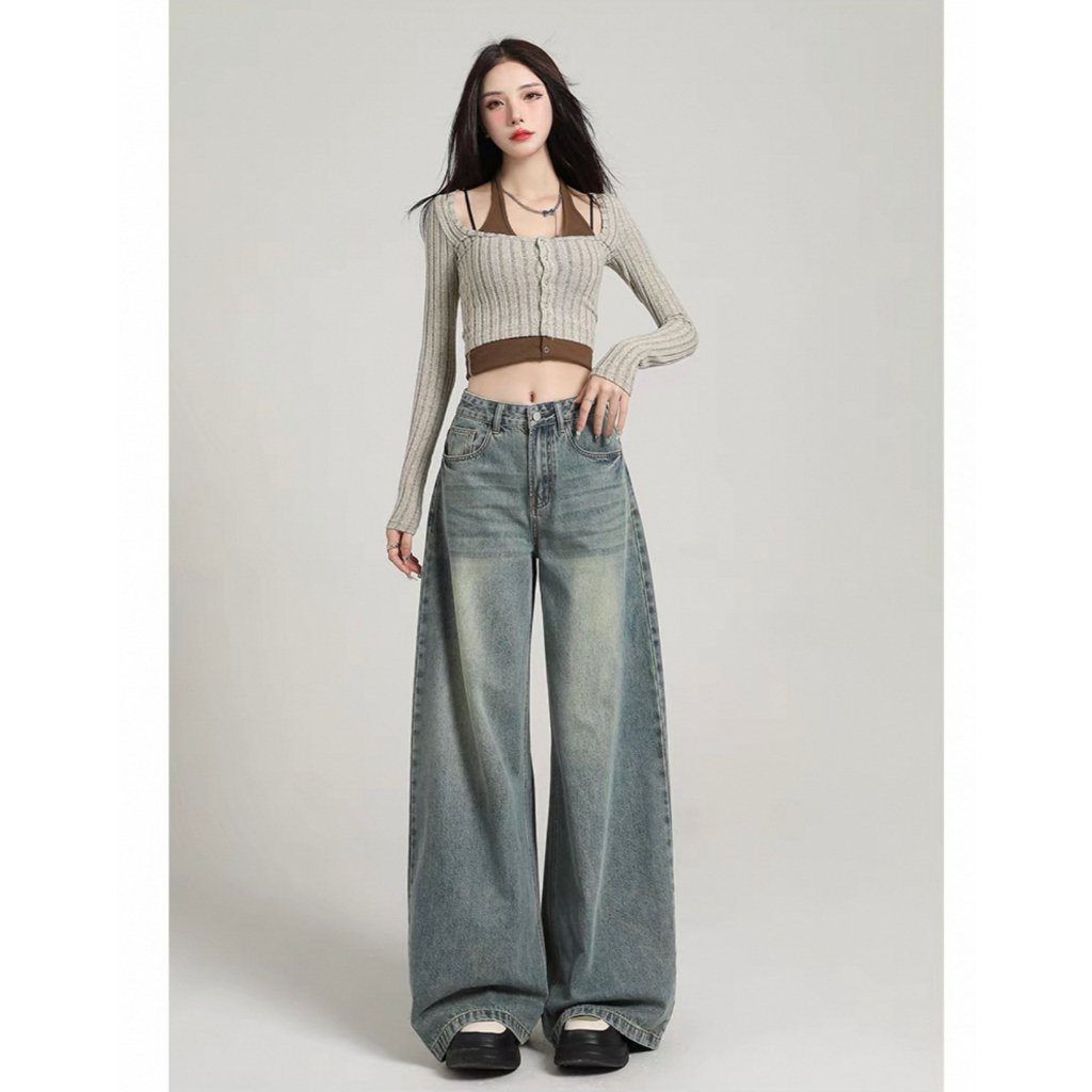 🔥919nn🔥เอวสูง ยีนส์สนิมเขียวฟอก กางเกงยีนส์กระบอกใหญ่ กางเกงยีนส์ ไซส์ XS-2XL - 3