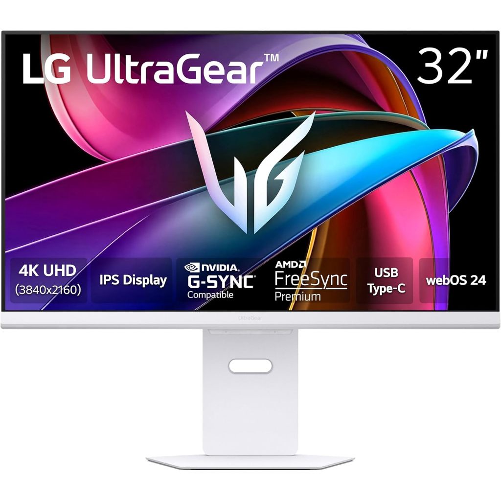 LG 32G810SA-W 32-inch Ultragear 4K UHD IPS AI Gaming Monitor, 144Hz, 1ms, G-Sync, VESA DisplayHDR 400, HDMI, DP, USB-C