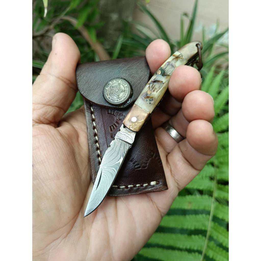 พวงกุญแจ Key Chain มีดพับ Folding knife มีดดามัสกัส Damascus 1.8” ด้าม ...