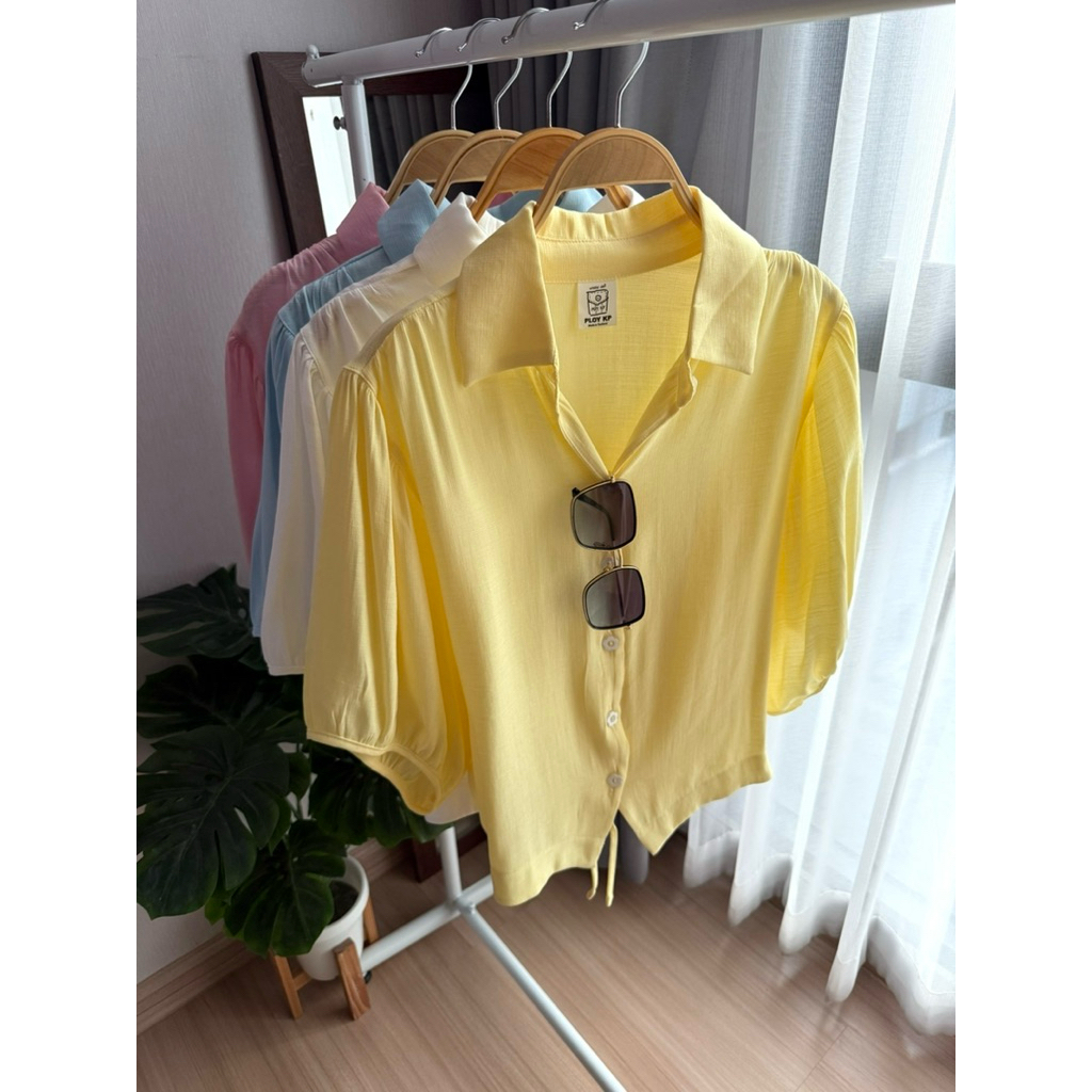 [อก 42] เสื้อเชิ๊ตแขนพองผูกเอวผ้าคอตตอนเนื้อบาง (บาง ใส่สบาย) (MA4 ...