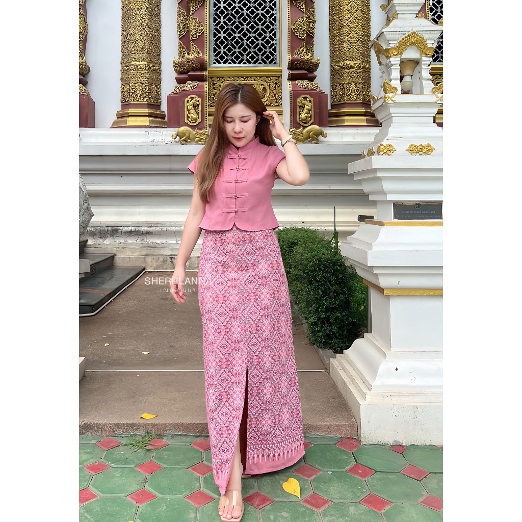 เซทผ้าฝ้ายคอจีนชายโค้ง + กระโปรงลายแพรวา ใส่สบาย ดูแพง สวยทุกไซส์ มุมมองที่ 2