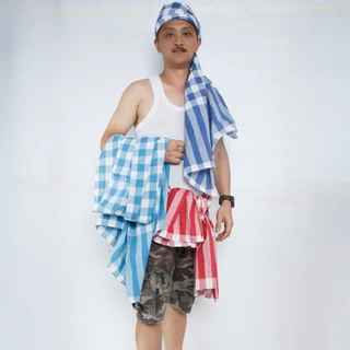 ผ้าขาวม้าผ้าทอบ้านไร่ ตรารถไฟ เนื้อดี สีไม่ตก ขนาดใหญ่ทอพิเศษเย็บขอบแล้วเวอร์ชั่นตารางใหญ่และเล็ก photo