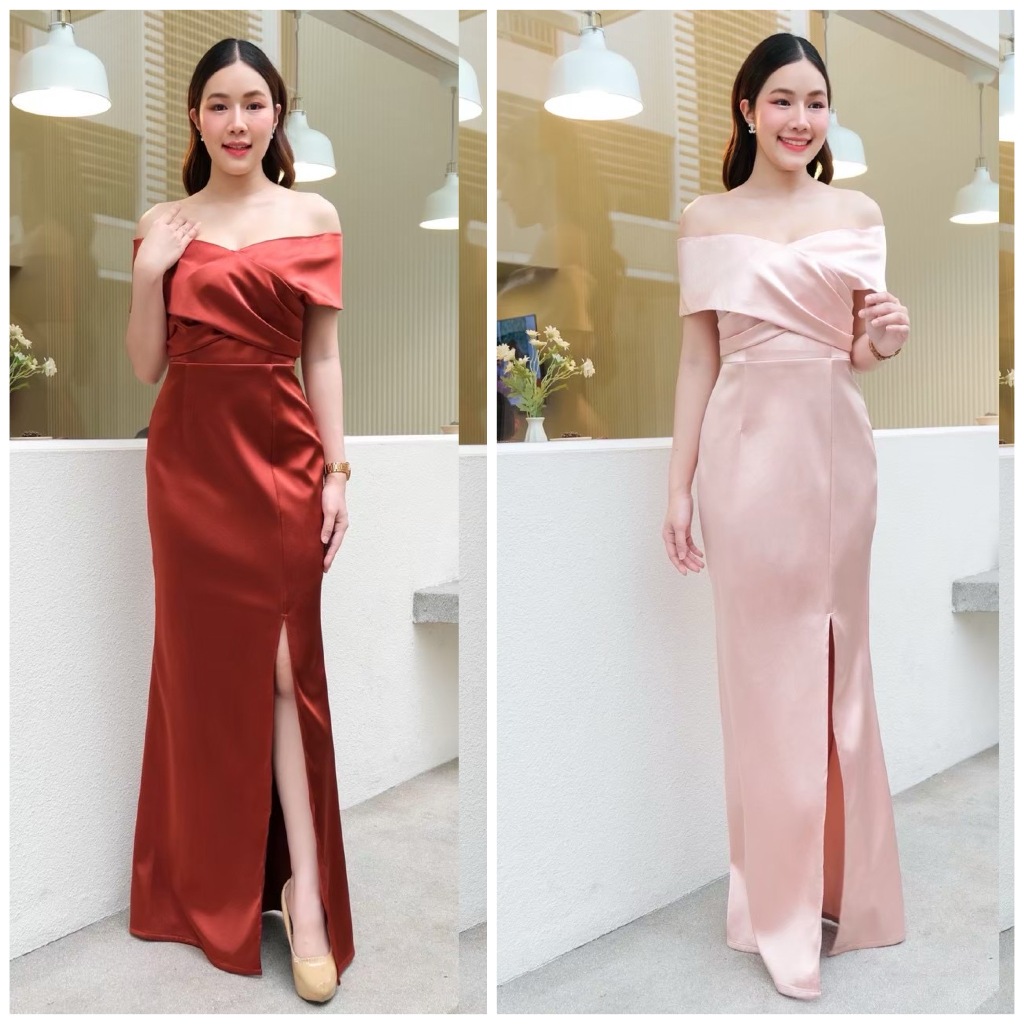 เดรสเปิดไหล่ไขว้อกผ้าดัชเชสอัดกาว ทรงหางปลา พรางแขน ชุดไปงานแต่ง