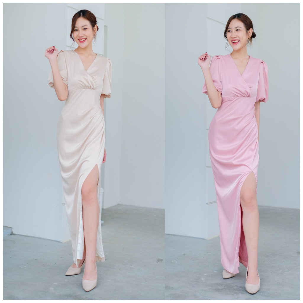 FN4210 ราตรีคอวีแขนพอง ผ้าซาตินหรู พรางพุง เดรสเพื่อนเจ้าสาว ไซส์ S-3XL