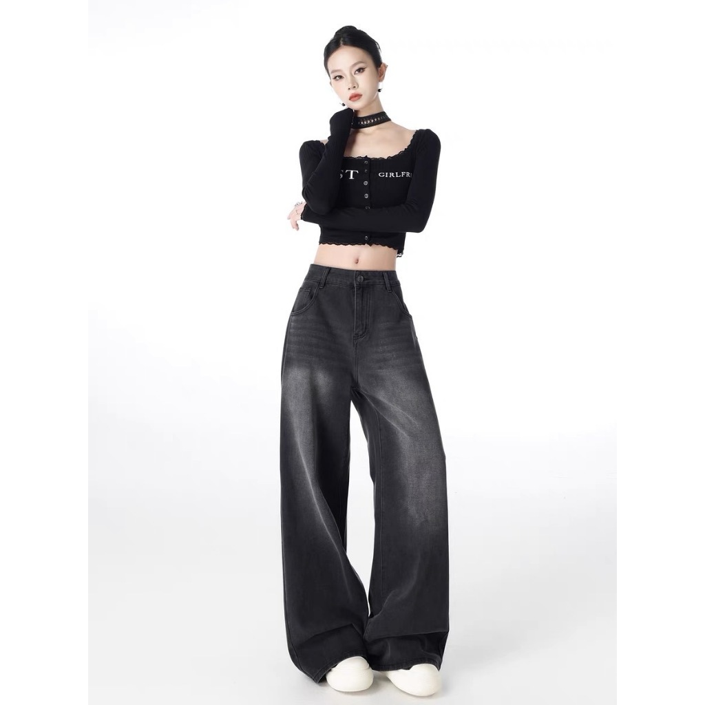 🔥919nn🔥เอวสูง ยีนส์สนิมเขียวฟอก กางเกงยีนส์กระบอกใหญ่ กางเกงยีนส์ ไซส์ XS-2XL - 5