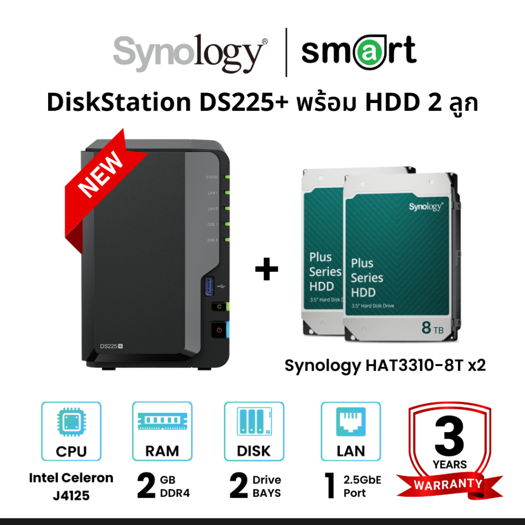 New! Synology DiskStation DS225+ 2-Bay NAS + 2 x Synology HDD 4TB/6TB ...