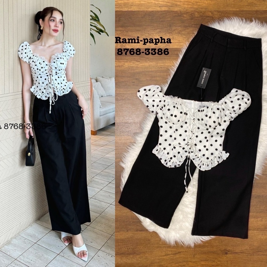 พร้อมส่ง XS SM⚡️RM 8768 ชุดเซต แซ่บสไตล์ลูกคุณ ลายจุดผูกหน้า+ขายาวสีดำ ...