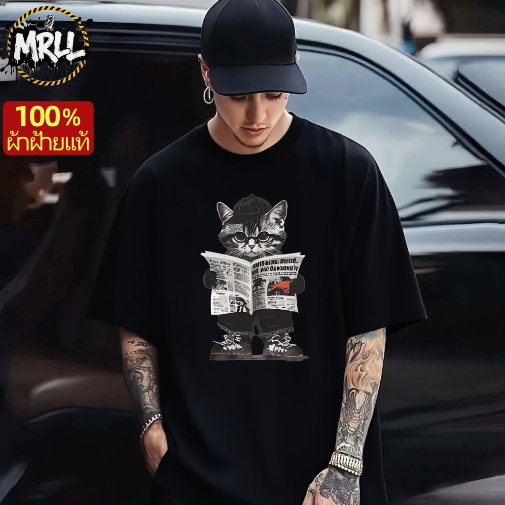 【จัดส่งจากไทย】MRLL เสื้อทีผู้ชายสไตล์วินเทจอเมริกัน ลายแมวนั่งอ่าน ...