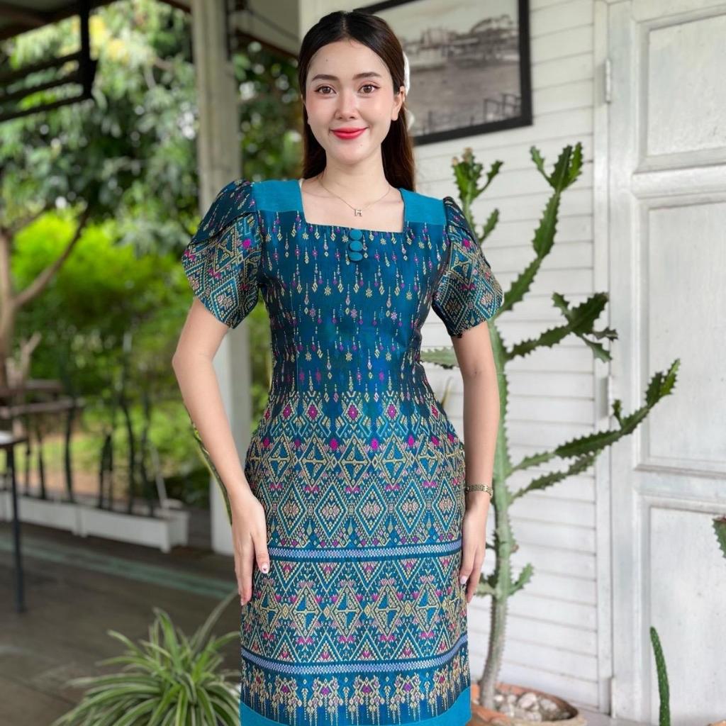 PR14 เดรสไหมแกมฝ้ายทอลาย พรางพุง ทรงสวย ไซส์ S-2XL สวมใส่ง่าย มุมมองที่ 3