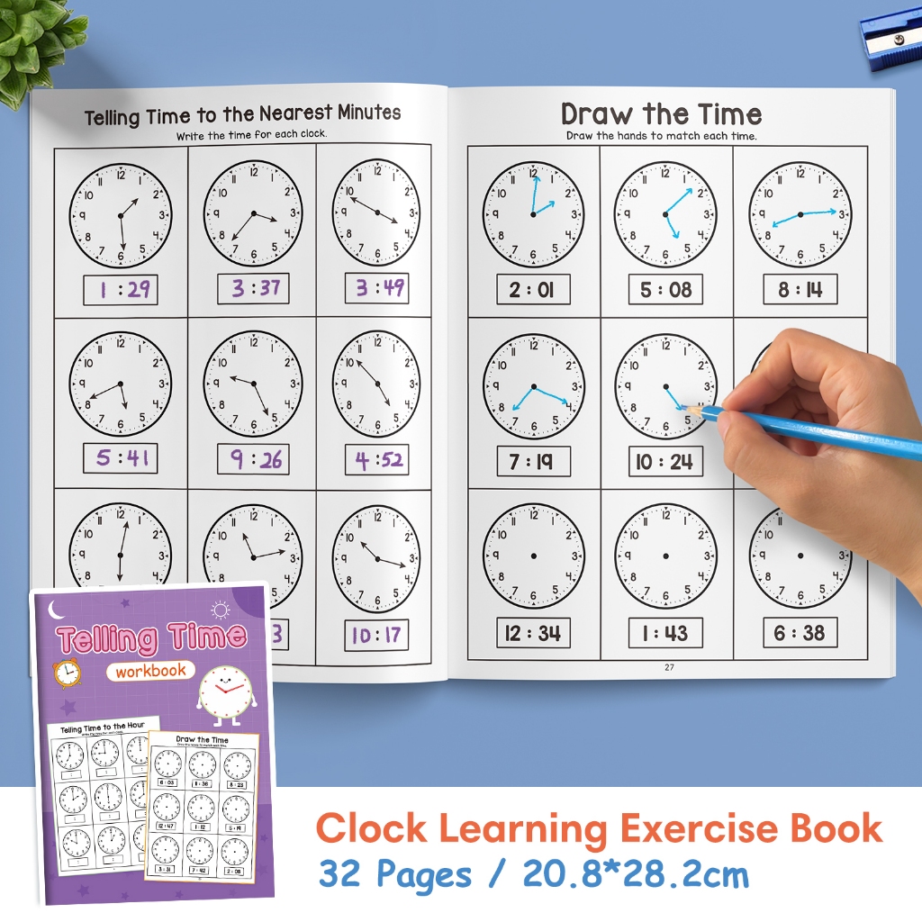 16 Pages Telling Time Math Workbook for Kids Minute Hand & Hour Hand ...