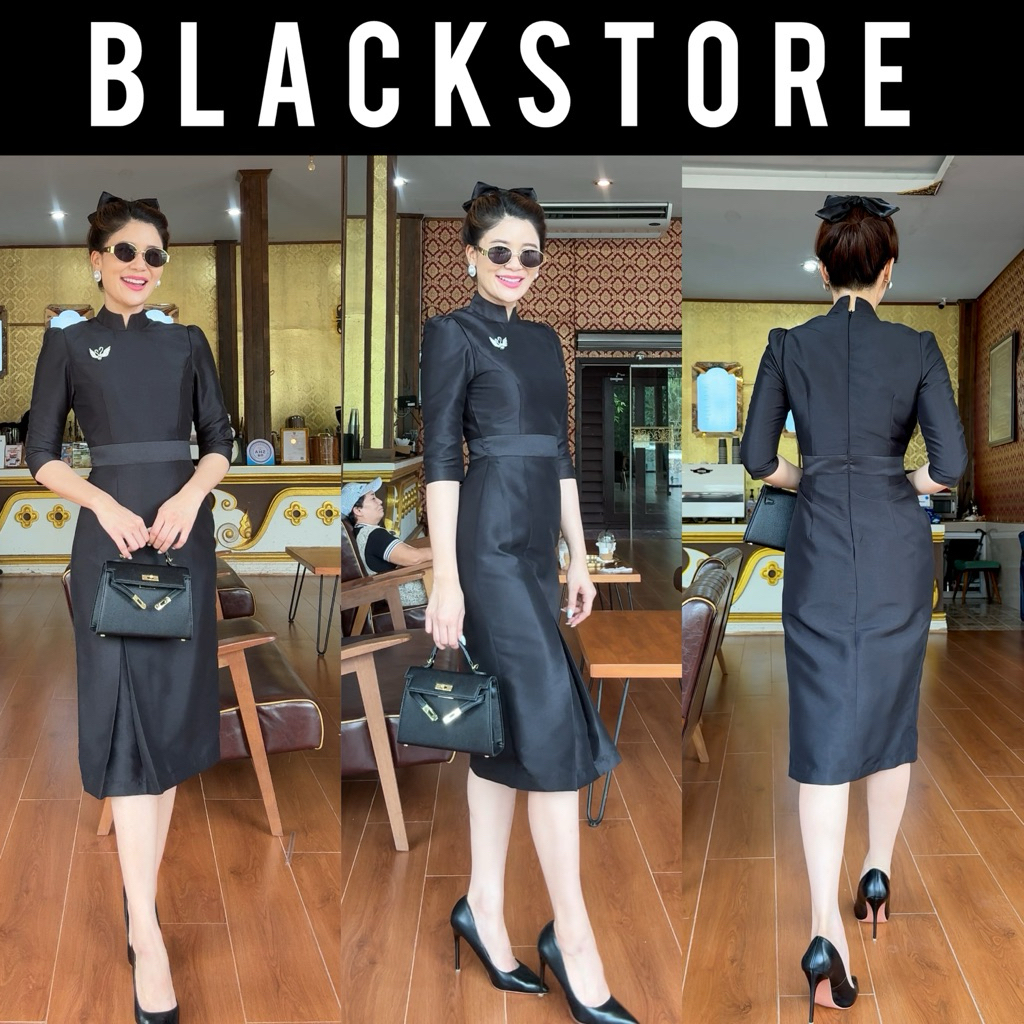 เดรสไทยจิตรดาประยุกต์ ผ้าไหมอิตาลีดำสนิท ทรงเข้ารูปสวย ไซส์ S-5XL พร้อมส่ง มุมมองที่ 5