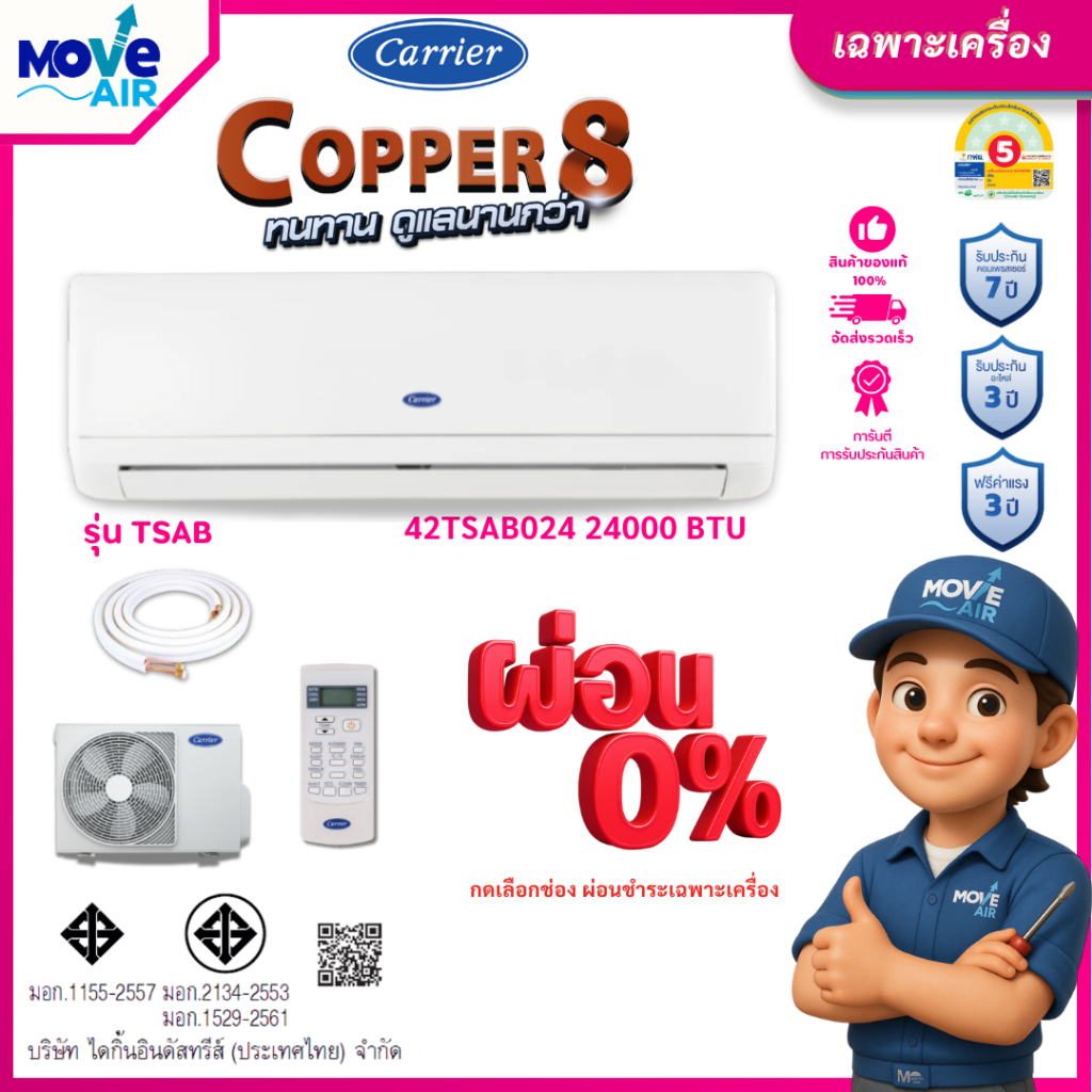 แอร์แคเรียร์ Carrier Copper8 รุ่น TSAB ปี 2024 (9000-24000 BTU) ประหยัด ...