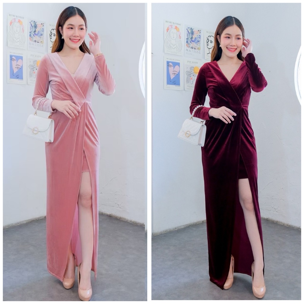 เดรสกำมะหยี่แขนยาวคอปก ลุคสมาร์ท ใส่ไปงานแต่ง งานออกงาน เพื่อนเจ้าสาว ผ้าหรูหนานุ่ม