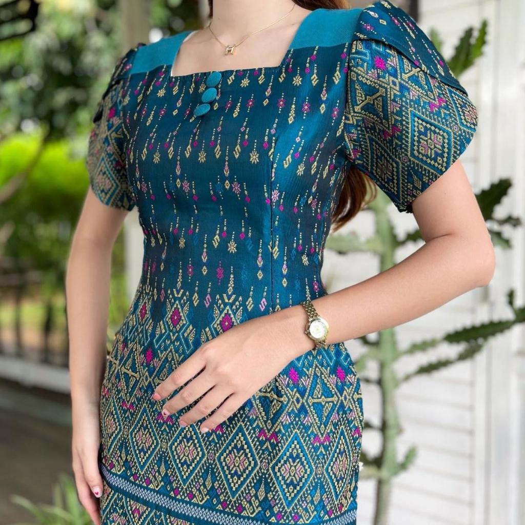 PR14 เดรสไหมแกมฝ้ายทอลาย พรางพุง ทรงสวย ไซส์ S-2XL สวมใส่ง่าย มุมมองที่ 4