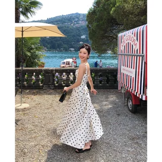 Heriipto Polka-Dot Lace-Trim Dress