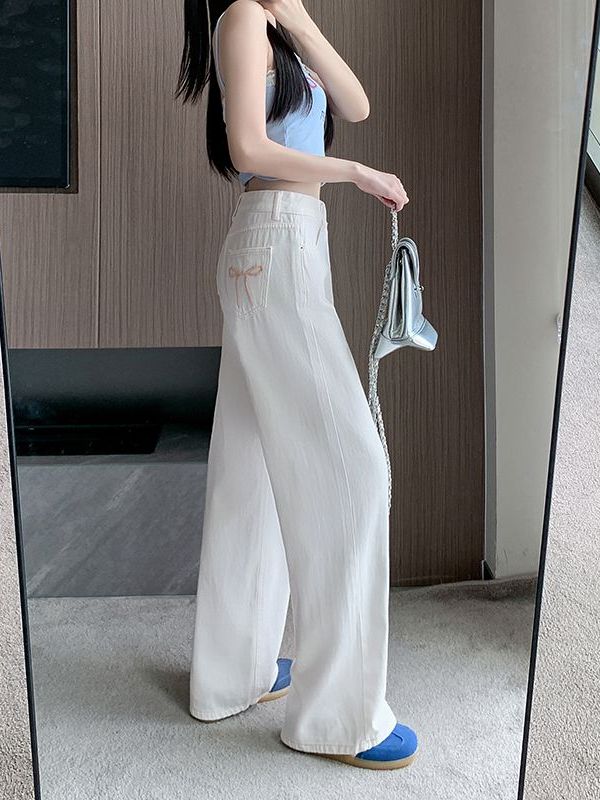 กางเกงยีนส์ กางเกงกระบอก เอวสูง งานปักลายโบว์ มีหลายสีให้เลือก#1218 - 3