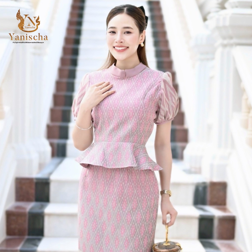 ชุดผ้าไทยเซ็ตผ้าฝ้ายทอลายอัดกาว กระโปรงสั้นคลุมเข่า ออกงาน ไปวัด ทรงสวย ไซส์ XS-5XL มุมมองที่ 3