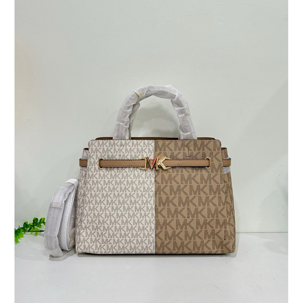 Michael Kors Reed Large Colorblock Camel MK Signature Multi Satchel ...
