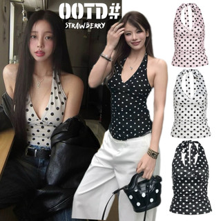 STR có sẵn giao hàng 🦄✨ áo cổ tròn họa tiết chấm Polkadot, cổ V sâu, lưng kín, dáng ôm sát, kiểu buộc nơ, phù hợp cho chuyến đi, thời trang sexy cho phụ nữ