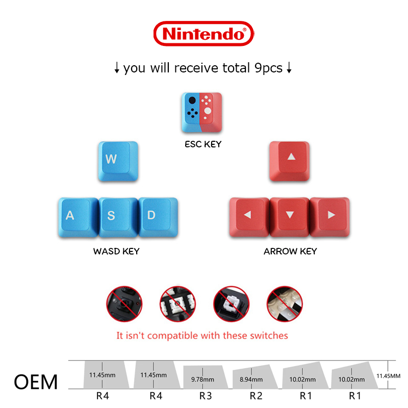 Custom Keycap ชุดคีย์แคป 9 ปุ่ม สีแดงน้ำเงิน ธีม Nintendo OEM Profile ...